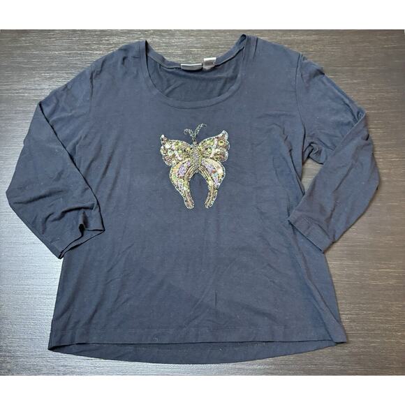 Chico’s Round Neck Butterfly Embroidered T-Shirt Size 2/US M Black - Picture 1 of 4